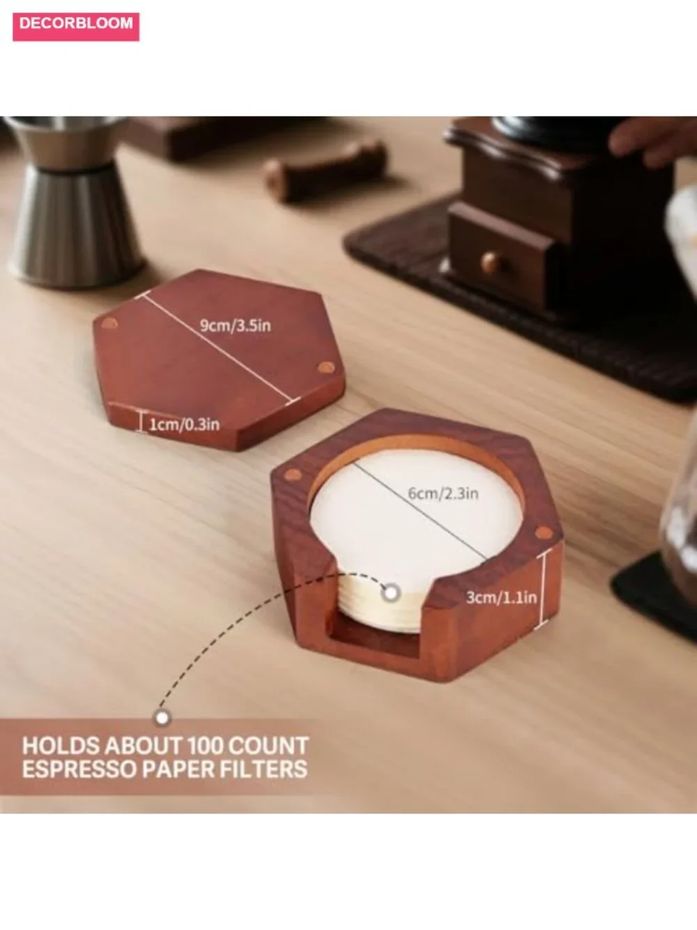 Espresso Coffee Paper Filter Holder - Wooden Storage with Lid - Holds 100